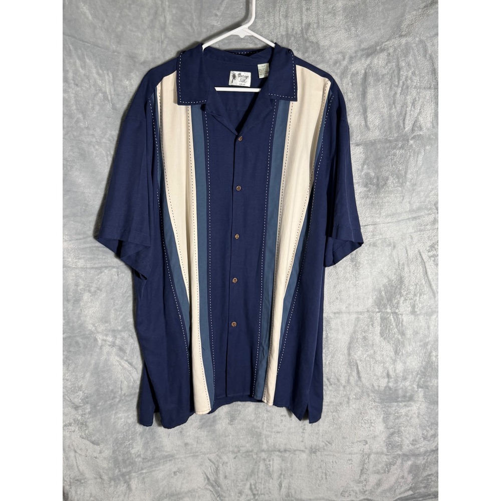Vintage Silk Mens 2XLT Blue Cream Retro Striped Short Sleeve Silk Bowling Shirt